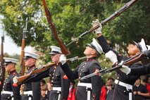U.S. Marines with the United States Marine Corps Silent Drill Platoon execute their "long line" sequence during a performance for the students of Greater Atlanta Christian High School during Marine Week Atlanta in Norcross, Ga., Aug. 28, 2025. The year 2025 marks the 250th anniversary of the United States Marine Corps, a milestone that highlights the legacy, transformation and enduring spirit of the Corps since 1775. Throughout the year, Marines across the globe will commemorate this anniversary by honoring the service and sacrifice of those who served before them and by remaining faithful to the motto Semper Fidelis. (U.S. Marine Corps photo by Cpl. Christopher Prelle)