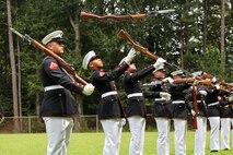 U.S. Marines with the United States Marine Corps Silent Drill Platoon execute their "long line" sequence during a performance for the students of Cross Keys High School during Marine Week Atlanta in Brookhaven, Ga., Aug. 28, 2025. The year 2025 marks the 250th anniversary of the United States Marine Corps, a milestone that highlights the legacy, transformation and enduring spirit of the Corps since 1775. Throughout the year, Marines across the globe will commemorate this anniversary by honoring the service and sacrifice of those who served before them and by remaining faithful to the motto Semper Fidelis. (U.S. Marine Corps photo by Cpl. Christopher Prelle)