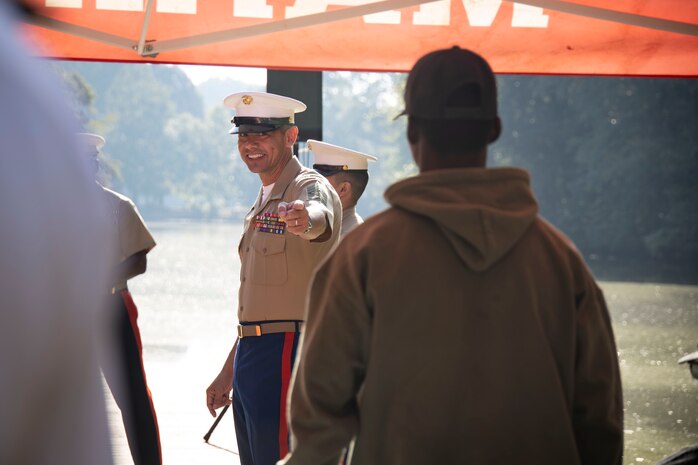 U.S. Marine Corps Sgt. Maj. Carlos A. Ruiz, the 20th Sergeant Major of the Marine Corps, alongside Brig. Gen. Ahmed T. Williamson, the Eastern Recruiting Region Commanding General, participate in a Wreath Laying Ceremony as part of Marine Week Atlanta, Atlanta, Georgia, Aug. 30, 2025. Ruiz and Williamson laid the wreath in honor of those who made the ultimate sacrifice during the Global War on Terrorism. Ruiz was also able to participate in a reenlistment ceremony following the wreath laying. (U.S. Marine Corps photo by GySgt Jordan E. Gilbert)