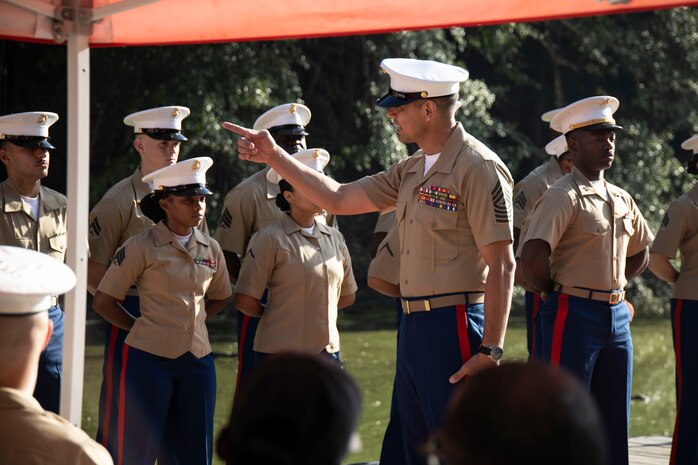 U.S. Marine Corps Sgt. Maj. Carlos A. Ruiz, the 20th Sergeant Major of the Marine Corps, alongside Brig. Gen. Ahmed T. Williamson, the Eastern Recruiting Region Commanding General, participate in a Wreath Laying Ceremony as part of Marine Week Atlanta, Atlanta, Georgia, Aug. 30, 2025. Ruiz and Williamson laid the wreath in honor of those who made the ultimate sacrifice during the Global War on Terrorism. Ruiz was also able to participate in a reenlistment ceremony following the wreath laying. (U.S. Marine Corps photo by GySgt Jordan E. Gilbert)