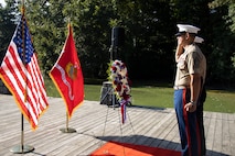 U.S. Marine Corps Sgt. Maj. Carlos A. Ruiz, the 20th Sergeant Major of the Marine Corps, alongside Brig. Gen. Ahmed T. Williamson, the Eastern Recruiting Region Commanding General, participate in a Wreath Laying Ceremony as part of Marine Week Atlanta, Atlanta, Georgia, Aug. 30, 2025. Ruiz and Williamson laid the wreath in honor of those who made the ultimate sacrifice during the Global War on Terrorism. Ruiz was also able to participate in a reenlistment ceremony following the wreath laying. (U.S. Marine Corps photo by GySgt Jordan E. Gilbert)