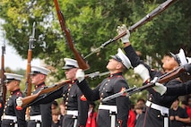 U.S. Marines with the United States Marine Corps Silent Drill Platoon execute their "long line" sequence during a performance for the students of Greater Atlanta Christian High School during Marine Week Atlanta in Norcross, Ga., Aug. 28, 2025. The year 2025 marks the 250th anniversary of the United States Marine Corps, a milestone that highlights the legacy, transformation and enduring spirit of the Corps since 1775. Throughout the year, Marines across the globe will commemorate this anniversary by honoring the service and sacrifice of those who served before them and by remaining faithful to the motto Semper Fidelis. (U.S. Marine Corps photo by Cpl. Christopher Prelle)