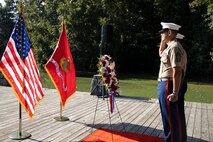 U.S. Marine Corps Sgt. Maj. Carlos A. Ruiz, the 20th Sergeant Major of the Marine Corps, alongside Brig. Gen. Ahmed T. Williamson, the Eastern Recruiting Region Commanding General, participate in a Wreath Laying Ceremony as part of Marine Week Atlanta, Atlanta, Georgia, Aug. 30, 2025. Ruiz and Williamson laid the wreath in honor of those who made the ultimate sacrifice during the Global War on Terrorism. Ruiz was also able to participate in a reenlistment ceremony following the wreath laying. (U.S. Marine Corps photo by GySgt Jordan E. Gilbert)