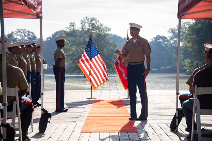 U.S. Marine Corps Sgt. Maj. Carlos A. Ruiz, the 20th Sergeant Major of the Marine Corps, alongside Brig. Gen. Ahmed T. Williamson, the Eastern Recruiting Region Commanding General, participate in a Wreath Laying Ceremony as part of Marine Week Atlanta, Atlanta, Georgia, Aug. 30, 2025. Ruiz and Williamson laid the wreath in honor of those who made the ultimate sacrifice during the Global War on Terrorism. Ruiz was also able to participate in a reenlistment ceremony following the wreath laying. (U.S. Marine Corps photo by GySgt Jordan E. Gilbert)