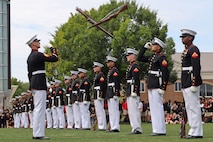 U.S. Marines with the United States Marine Corps Silent Drill Platoon execute their "long line" sequence during a performance for the students of Greater Atlanta Christian High School during Marine Week Atlanta in Norcross, Ga., Aug. 28, 2025. The year 2025 marks the 250th anniversary of the United States Marine Corps, a milestone that highlights the legacy, transformation and enduring spirit of the Corps since 1775. Throughout the year, Marines across the globe will commemorate this anniversary by honoring the service and sacrifice of those who served before them and by remaining faithful to the motto Semper Fidelis. (U.S. Marine Corps photo by Cpl. Christopher Prelle)