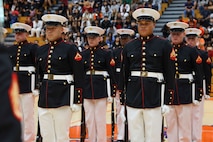 U.S. Marines with the United States Marine Corps Silent Drill Platoon stand at attention during a performance for the students of Parkview High School during Marine Week Atlanta in Lilburn, Ga., Aug. 29, 2025. The year 2025 marks the 250th anniversary of the United States Marine Corps, a milestone that highlights the legacy, transformation and enduring spirit of the Corps since 1775. Throughout the year, Marines across the globe will commemorate this anniversary by honoring the service and sacrifice of those who served before them and by remaining faithful to the motto Semper Fidelis. (U.S. Marine Corps photo by Cpl. Christopher Prelle)