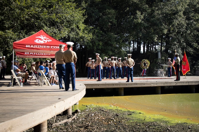 U.S. Marine Corps Sgt. Maj. Carlos A. Ruiz, the 20th Sergeant Major of the Marine Corps, alongside Brig. Gen. Ahmed T. Williamson, the Eastern Recruiting Region Commanding General, participate in a Wreath Laying Ceremony as part of Marine Week Atlanta, Atlanta, Georgia, Aug. 30, 2025. Ruiz and Williamson laid the wreath in honor of those who made the ultimate sacrifice during the Global War on Terrorism. Ruiz was also able to participate in a reenlistment ceremony following the wreath laying. (U.S. Marine Corps photo by GySgt Jordan E. Gilbert)