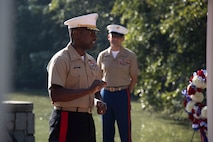 U.S. Marine Corps Sgt. Maj. Carlos A. Ruiz, the 20th Sergeant Major of the Marine Corps, alongside Brig. Gen. Ahmed T. Williamson, the Eastern Recruiting Region Commanding General, participate in a Wreath Laying Ceremony as part of Marine Week Atlanta, Atlanta, Georgia, Aug. 30, 2025. Ruiz and Williamson laid the wreath in honor of those who made the ultimate sacrifice during the Global War on Terrorism. Ruiz was also able to participate in a reenlistment ceremony following the wreath laying. (U.S. Marine Corps photo by GySgt Jordan E. Gilbert)