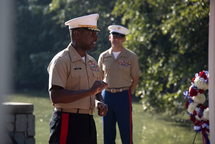 U.S. Marine Corps Sgt. Maj. Carlos A. Ruiz, the 20th Sergeant Major of the Marine Corps, alongside Brig. Gen. Ahmed T. Williamson, the Eastern Recruiting Region Commanding General, participate in a Wreath Laying Ceremony as part of Marine Week Atlanta, Atlanta, Georgia, Aug. 30, 2025. Ruiz and Williamson laid the wreath in honor of those who made the ultimate sacrifice during the Global War on Terrorism. Ruiz was also able to participate in a reenlistment ceremony following the wreath laying. (U.S. Marine Corps photo by GySgt Jordan E. Gilbert)