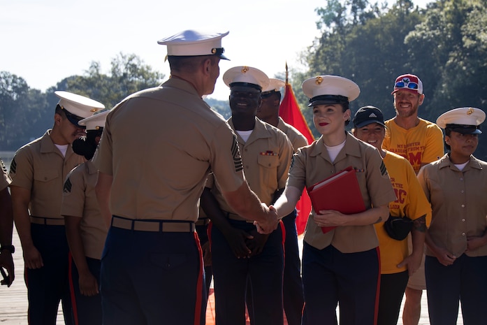 U.S. Marine Corps Sgt. Maj. Carlos A. Ruiz, the 20th Sergeant Major of the Marine Corps, alongside Brig. Gen. Ahmed T. Williamson, the Eastern Recruiting Region Commanding General, participate in a Wreath Laying Ceremony as part of Marine Week Atlanta, Atlanta, Georgia, Aug. 30, 2025. Ruiz and Williamson laid the wreath in honor of those who made the ultimate sacrifice during the Global War on Terrorism. Ruiz was also able to participate in a reenlistment ceremony following the wreath laying. (U.S. Marine Corps photo by GySgt Jordan E. Gilbert)