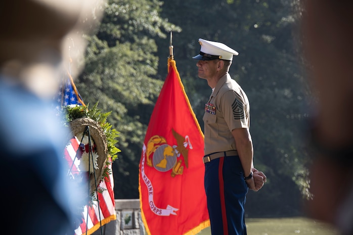 U.S. Marine Corps Sgt. Maj. Carlos A. Ruiz, the 20th Sergeant Major of the Marine Corps, alongside Brig. Gen. Ahmed T. Williamson, the Eastern Recruiting Region Commanding General, participate in a Wreath Laying Ceremony as part of Marine Week Atlanta, Atlanta, Georgia, Aug. 30, 2025. Ruiz and Williamson laid the wreath in honor of those who made the ultimate sacrifice during the Global War on Terrorism. Ruiz was also able to participate in a reenlistment ceremony following the wreath laying. (U.S. Marine Corps photo by GySgt Jordan E. Gilbert)