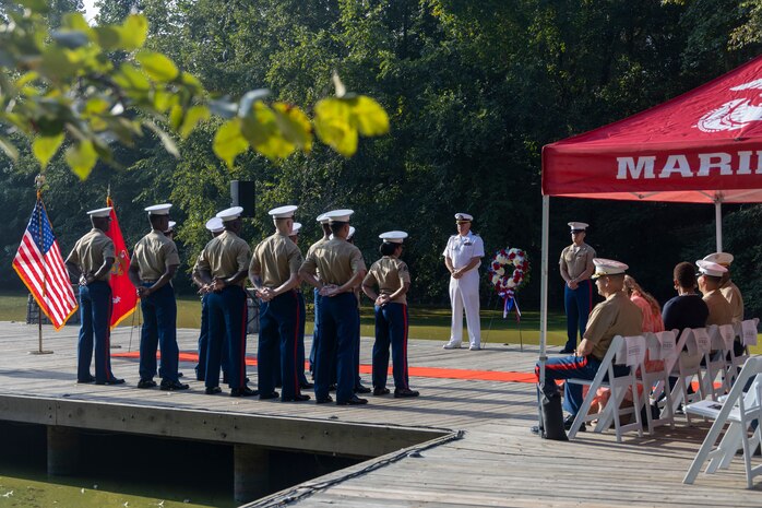 U.S. Marines assigned to Special Purpose Marine Air-Ground Task Force-250, hold a wreath laying ceremony at Piedmont Park during Marine Week Atlanta, Aug. 30, 2025. The solemn tribute served to commemorate Marines who made the ultimate sacrifice in defense of our nation during Operations Iraqi and Enduring Freedom. Marines stationed across the globe commemorate the 250th anniversary of the Marine Corps, honoring a distinguished legacy of service, sacrifice, and unwavering fidelity to both the nation and fellow Marines. (U.S. Marine Corps photo by Lance Cpl. Isabella Ramos)