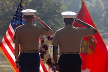 U.S. Marine Corps Brig. Gen. Ahmed T. Williamson, commanding general of Marine Corps Recruit Depot Paris Island and Eastern Recruiting Region, right, and Sgt. Maj. Carlos A. Ruiz, the 20th Sergeant Major of the Marine Corps, salute during taps at a wreath laying ceremony held by Special Purpose Marine Air-Ground Task Force-250 at Piedmont Park during Marine Week Atlanta, Aug. 30, 2025. The solemn tribute served to commemorate Marines who made the ultimate sacrifice in defense of our nation during Operations Iraqi and Enduring Freedom. Marines stationed across the globe commemorate the 250th anniversary of the Marine Corps, honoring a distinguished legacy of service, sacrifice, and unwavering fidelity to both the nation and fellow Marines. (U.S. Marine Corps photo by Lance Cpl. Isabella Ramos)