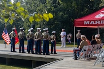 U.S. Marines assigned to Special Purpose Marine Air-Ground Task Force-250, hold a wreath laying ceremony at Piedmont Park during Marine Week Atlanta, Aug. 30, 2025. The solemn tribute served to commemorate Marines who made the ultimate sacrifice in defense of our nation during Operations Iraqi and Enduring Freedom. Marines stationed across the globe commemorate the 250th anniversary of the Marine Corps, honoring a distinguished legacy of service, sacrifice, and unwavering fidelity to both the nation and fellow Marines. (U.S. Marine Corps photo by Lance Cpl. Isabella Ramos)