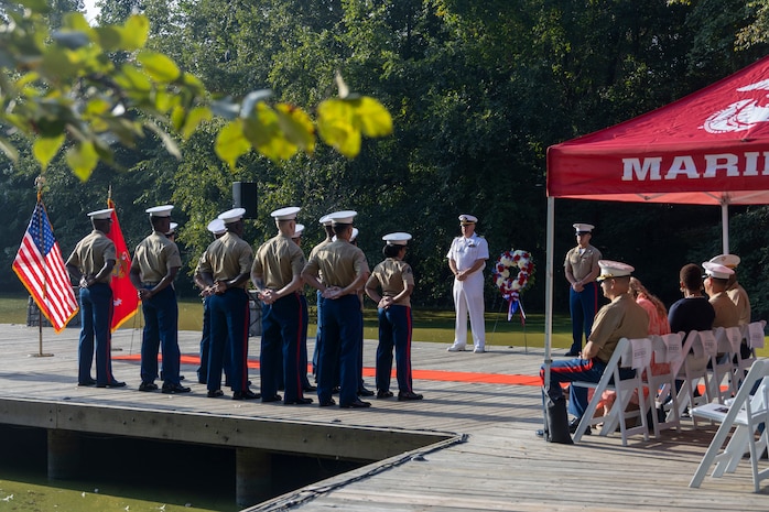 U.S. Marines assigned to Special Purpose Marine Air-Ground Task Force-250, hold a wreath laying ceremony at Piedmont Park during Marine Week Atlanta, Aug. 30, 2025. The solemn tribute served to commemorate Marines who made the ultimate sacrifice in defense of our nation during Operations Iraqi and Enduring Freedom. Marines stationed across the globe commemorate the 250th anniversary of the Marine Corps, honoring a distinguished legacy of service, sacrifice, and unwavering fidelity to both the nation and fellow Marines. (U.S. Marine Corps photo by Lance Cpl. Isabella Ramos)