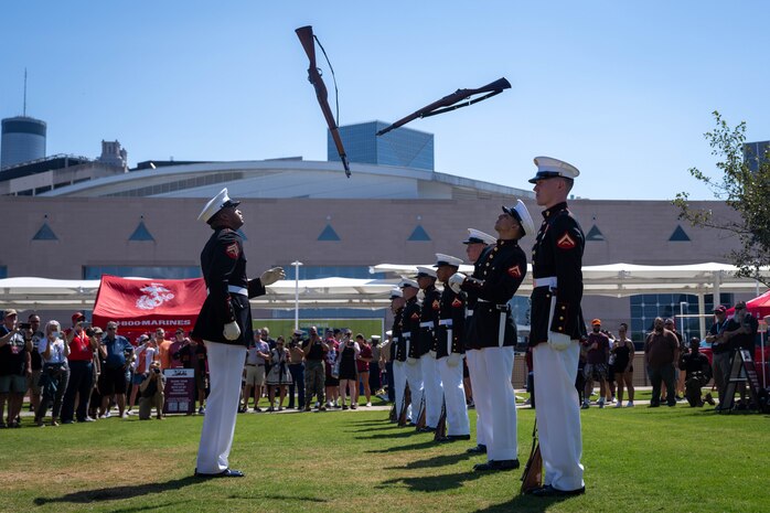 U.S. Marines with Silent Drill Platoon with Marine Barracks Washington conduct drill and ceremony during Marine Week Atlanta, Aug. 31, 2025. Marines stationed across the globe commemorate the 250th anniversary of the Marine Corps, honoring a distinguished legacy of service, sacrifice, and unwavering fidelity to both the nation and the Corps. (U.S. Marine Corps photo by Sgt. Alfonso Livrieri)