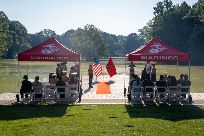 U.S. Marines assigned to Special Purpose Marine Air-Ground Task Force-250, hold a wreath laying ceremony at Piedmont Park during Marine Week Atlanta, Aug. 31, 2025. The solemn tribute served to commemorate Marines who made the ultimate sacrifice in defense of our nation during Vietnam. Marines stationed across the globe commemorate the 250th anniversary of the Marine Corps, honoring a distinguished legacy of service, sacrifice, and unwavering fidelity to both the nation and fellow Marines. (U.S. Marine Corps photo by Sgt. Alfonso Livrieri)