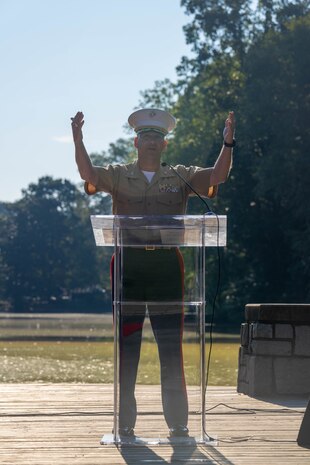 U.S. Marine Corps Col. Jimmy “J.J” Wilson, the commanding officer of Special Purpose Marine Air Ground Task Force-250, speaks to Marines and civilians during a wreath laying ceremony held by Special Purpose Marine Air-Ground Task Force-250 at Piedmont Park during Marine Week Atlanta, Aug. 31, 2025. The solemn tribute served to commemorate Marines who made the ultimate sacrifice in defense of our nation during Vietnam. Marines stationed across the globe commemorate the 250th anniversary of the Marine Corps, honoring a distinguished legacy of service, sacrifice, and unwavering fidelity to both the nation and fellow Marines. (U.S. Marine Corps photo by Sgt. Alfonso Livrieri)