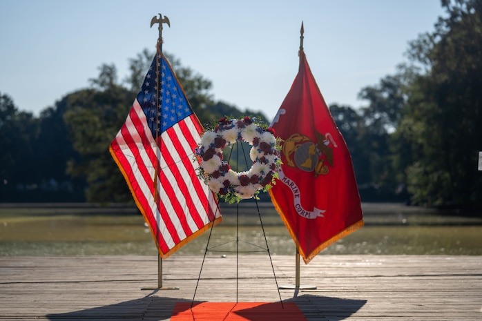 A wreath is displayed during a wreath laying ceremony held by Special Purpose Marine Air-Ground Task Force-250 at Piedmont Park during Marine Week Atlanta, Aug. 31, 2025. The solemn tribute served to commemorate Marines who made the ultimate sacrifice in defense of our nation during Vietnam. Marines stationed across the globe commemorate the 250th anniversary of the Marine Corps, honoring a distinguished legacy of service, sacrifice, and unwavering fidelity to both the nation and fellow Marines. (U.S. Marine Corps photo by Sgt. Alfonso Livrieri)