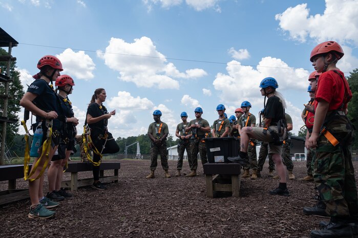 U.S. Marines assigned to Combat Logistics Regiment 45, take part in the confidence course at Camp Southern Ground during Marine Week Atlanta, Aug. 30, 2025. Marines stationed across the globe commemorate the 250th anniversary of the Marine Corps, honoring a distinguished legacy of the service, sacrifice, and unwavering fidelity to both the nation and fellow Marines. (U.S. Marine Corps photo by Lance Cpl. Matthew A. McDonnell)
