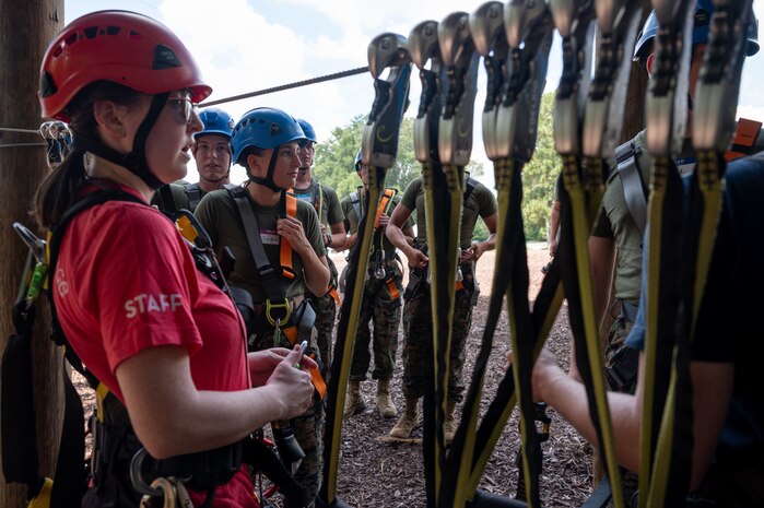 U.S. Marines assigned to Combat Logistics Regiment 45, take part in the confidence course at Camp Southern Ground during Marine Week Atlanta, Aug. 30, 2025. Marines stationed across the globe commemorate the 250th anniversary of the Marine Corps, honoring a distinguished legacy of the service, sacrifice, and unwavering fidelity to both the nation and fellow Marines. (U.S. Marine Corps photo by Lance Cpl. Matthew A. McDonnell)