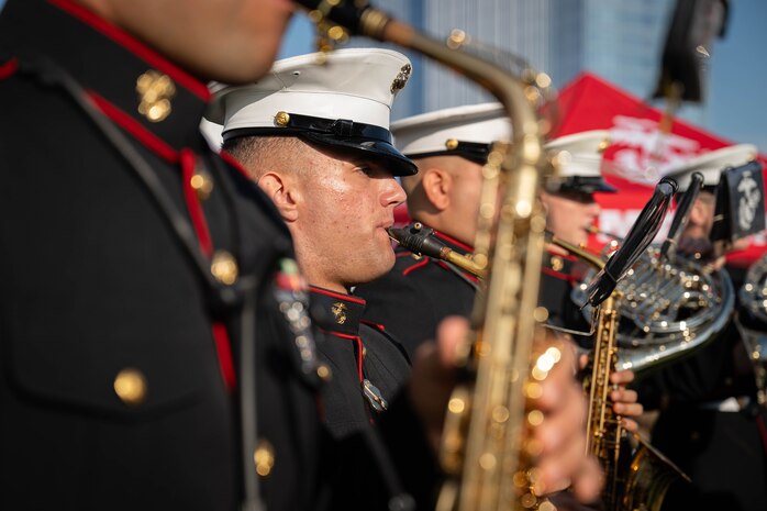 A U.S. Marine Corps musician with the 2D Marine Aircraft Wing Band, plays the saxophone during Marine Week Atlanta, Aug. 30, 2025. Marines stationed across the globe commemorate the 250th anniversary of the Marine Corps, honoring a distinguished legacy of service, sacrifice, and unwavering fidelity to both the nation and the Corps. (U.S. Marine Corps photo by Sgt. Alexis French)