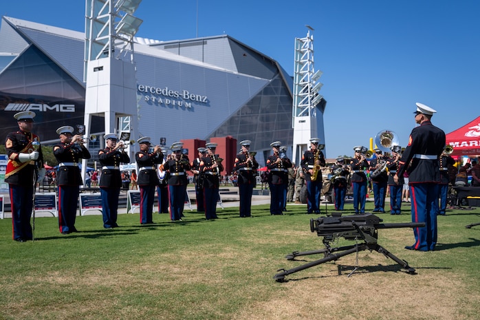 U.S. Marines with the 2D Marine Aircraft Wing Band, assigned to Special Purpose Marine Air-Ground Task Force-250, perform during Marine Week Atlanta, Aug. 31, 2025. Marines stationed across the globe commemorate the 250th anniversary of the Marine Corps, honoring a distinguished legacy of service, sacrifice, and unwavering fidelity to both the nation and fellow Marines. (U.S. Marine Corps photo by Sgt. Alfonso Livrieri)