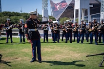 U.S. Marine Corps Sgt. Taylor Brown, a musician with the 2D Marine Aircraft Wing Band, assigned to Special Purpose Marine Air-Ground Task Force-250, introduces his ensemble during Marine Week Atlanta, Aug. 31, 2025. Marines stationed across the globe commemorate the 250th anniversary of the Marine Corps, honoring a distinguished legacy of service, sacrifice, and unwavering fidelity to both the nation and fellow Marines. (U.S. Marine Corps photo by Sgt. Alfonso Livrieri)