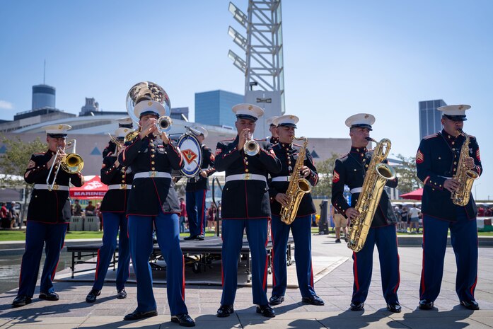 U.S. Marines with the 2D Marine Aircraft Wing Band, assigned to Special Purpose Marine Air-Ground Task Force-250, perform a music show during Marine Week Atlanta, Aug. 31, 2025. Marines stationed across the globe commemorate the 250th anniversary of the Marine Corps, honoring a distinguished legacy of service, sacrifice, and unwavering fidelity to both the nation and fellow Marines. (U.S. Marine Corps photo by Sgt. Alfonso Livrieri)