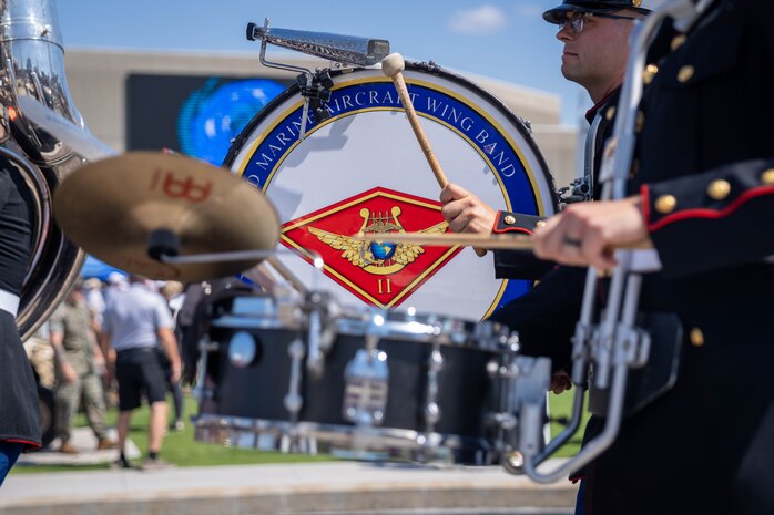 U.S. Marines with the 2D Marine Aircraft Wing Band, assigned to Special Purpose Marine Air-Ground Task Force-250, perform a music show during Marine Week Atlanta, Aug. 31, 2025. Marines stationed across the globe commemorate the 250th anniversary of the Marine Corps, honoring a distinguished legacy of service, sacrifice, and unwavering fidelity to both the nation and fellow Marines. (U.S. Marine Corps photo by Sgt. Alfonso Livrieri)