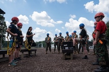 U.S. Marines assigned to Combat Logistics Regiment 45, take part in the confidence course at Camp Southern Ground during Marine Week Atlanta, Aug. 30, 2025. Marines stationed across the globe commemorate the 250th anniversary of the Marine Corps, honoring a distinguished legacy of the service, sacrifice, and unwavering fidelity to both the nation and fellow Marines. (U.S. Marine Corps photo by Lance Cpl. Matthew A. McDonnell)