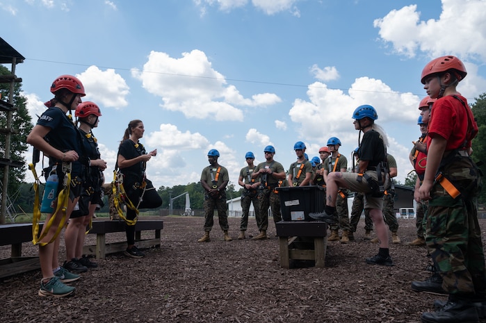U.S. Marines assigned to Combat Logistics Regiment 45, take part in the confidence course at Camp Southern Ground during Marine Week Atlanta, Aug. 30, 2025. Marines stationed across the globe commemorate the 250th anniversary of the Marine Corps, honoring a distinguished legacy of the service, sacrifice, and unwavering fidelity to both the nation and fellow Marines. (U.S. Marine Corps photo by Lance Cpl. Matthew A. McDonnell)