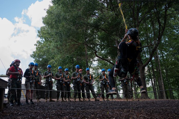 U.S. Marines assigned to Combat Logistics Regiment 45, take part in the confidence course at Camp Southern Ground during Marine Week Atlanta, Aug. 30, 2025. Marines stationed across the globe commemorate the 250th anniversary of the Marine Corps, honoring a distinguished legacy of the service, sacrifice, and unwavering fidelity to both the nation and fellow Marines. (U.S. Marine Corps photo by Lance Cpl. Matthew A. McDonnell)