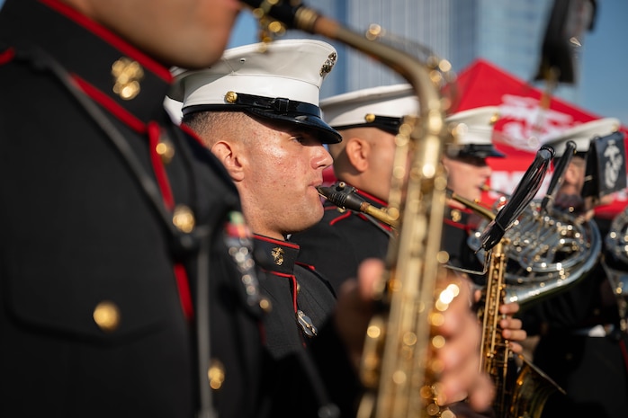 A U.S. Marine Corps musician with the 2D Marine Aircraft Wing Band, plays the saxophone during Marine Week Atlanta, Aug. 30, 2025. Marines stationed across the globe commemorate the 250th anniversary of the Marine Corps, honoring a distinguished legacy of service, sacrifice, and unwavering fidelity to both the nation and the Corps. (U.S. Marine Corps photo by Sgt. Alexis French)