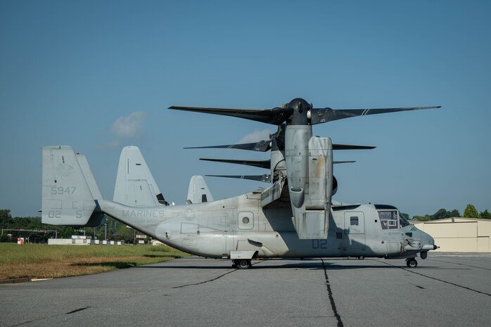 U.S. Marines Corps MV-22 Ospreys with Marine Medium Tiltrotor Squadron (VMM) 266, 2nd Marine Aircraft Wing, assigned to Special Purpose Marine Air-Ground Task Force 250, undergo pre-flight checks at Cobb County International Airport, Kennesaw, Georgia, during Marine Week Atlanta, Aug. 31, 2025. Marines stationed across the globe commemorate the 250th anniversary of the Marine Corps, honoring a distinguished legacy of service, sacrifice, and unwavering fidelity to both the nation and the Corps. (U.S. Marine Corps photo by Sgt. Alexis French)