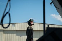 U.S. Marines Corps Sgt. Travis Cotnoir, a MV-22 Osprey crew chief, with Marine Medium Tiltrotor Squadron (VMM) 266, 2nd Marine Aircraft Wing, assigned to Special Purpose Marine Air-Ground Task Force 250, conducts pre-flight checks at Cobb County International Airport, Kennesaw, Georgia, during Marine Week Atlanta, Aug. 31, 2025. Marines stationed across the globe commemorate the 250th anniversary of the Marine Corps, honoring a distinguished legacy of service, sacrifice, and unwavering fidelity to both the nation and the Corps. (U.S. Marine Corps photo by Sgt. Alexis French)