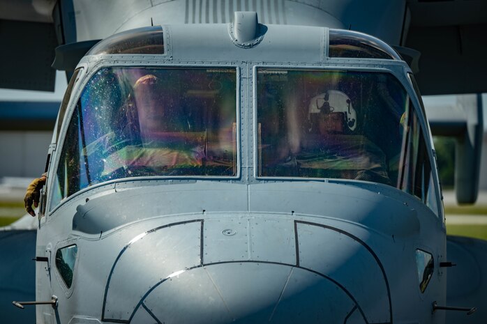 U.S. Marines Corps Capt. Jacob Fuiten, left, a MV-22B section lead, and Capt. Daniel DeJong, a MV-22 pilot, with Marine Medium Tiltrotor Squadron (VMM) 261, 2nd Marine Aircraft Wing, assigned to Special Purpose Marine Air-Ground Task Force 250, undergo pre-flight checks at Cobb County International Airport, Kennesaw, Georgia, during Marine Week Atlanta, Aug. 31, 2025. Marines stationed across the globe commemorate the 250th anniversary of the Marine Corps, honoring a distinguished legacy of service, sacrifice, and unwavering fidelity to both the nation and the Corps. (U.S. Marine Corps photo by Sgt. Alexis French)