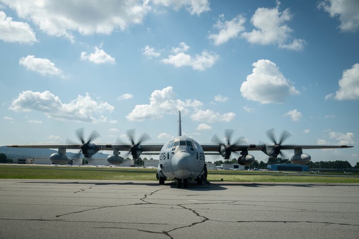 A U.S. Marines Corps C-130 Hercules aircraft with 2nd Marine Aircraft Wing assigned to Special Purpose Marine Air-Ground Task Force 250, undergos pre-flight checks at Cobb County International Airport, Kennesaw, Georgia, during Marine Week Atlanta, Aug. 31, 2025. Marines stationed across the globe commemorate the 250th anniversary of the Marine Corps, honoring a distinguished legacy of service, sacrifice, and unwavering fidelity to both the nation and the Corps. (U.S. Marine Corps photo by Sgt. Alexis French)