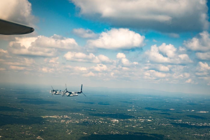 U.S. Marines Corps MV-22 Ospreys with Marine Medium Tiltrotor Squadron (VMM) 266, 2nd Marine Aircraft Wing assigned to Special Purpose Marine Air-Ground Task Force 250, flyover Mercedes-Benz  Stadium in Atlanta during Marine Week Atlanta, Aug. 31, 2025. Marines stationed across the globe commemorate the 250th anniversary of the Marine Corps, honoring a distinguished legacy of service, sacrifice, and unwavering fidelity to both the nation and the Corps. (U.S. Marine Corps photo by Sgt. Alexis French)