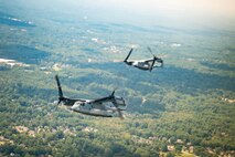 U.S. Marines Corps MV-22 Ospreys with Marine Medium Tiltrotor Squadron (VMM) 266, 2nd Marine Aircraft Wing assigned to Special Purpose Marine Air-Ground Task Force 250, flyover Mercedes-Benz  Stadium in Atlanta during Marine Week Atlanta, Aug. 31, 2025. Marines stationed across the globe commemorate the 250th anniversary of the Marine Corps, honoring a distinguished legacy of service, sacrifice, and unwavering fidelity to both the nation and the Corps. (U.S. Marine Corps photo by Sgt. Alexis French)