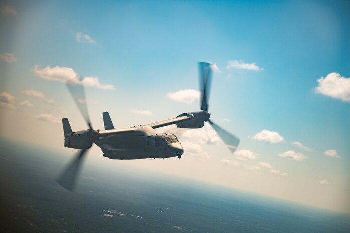 U.S. Marines Corps MV-22 Ospreys with Marine Medium Tiltrotor Squadron (VMM) 266, 2nd Marine Aircraft Wing assigned to Special Purpose Marine Air-Ground Task Force 250, flyover Mercedes-Benz  Stadium in Atlanta during Marine Week Atlanta, Aug. 31, 2025. Marines stationed across the globe commemorate the 250th anniversary of the Marine Corps, honoring a distinguished legacy of service, sacrifice, and unwavering fidelity to both the nation and the Corps. (U.S. Marine Corps photo by Sgt. Alexis French)