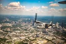 U.S. Marines Corps MV-22 Ospreys with Marine Medium Tiltrotor Squadron (VMM) 266, 2nd Marine Aircraft Wing assigned to Special Purpose Marine Air-Ground Task Force 250, flyover Mercedes-Benz  Stadium in Atlanta during Marine Week Atlanta, Aug. 31, 2025. Marines stationed across the globe commemorate the 250th anniversary of the Marine Corps, honoring a distinguished legacy of service, sacrifice, and unwavering fidelity to both the nation and the Corps. (U.S. Marine Corps photo by Sgt. Alexis French)