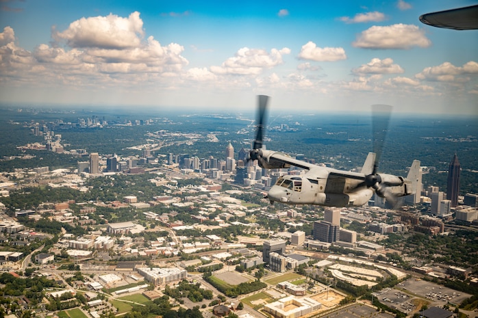 U.S. Marines Corps MV-22 Ospreys with Marine Medium Tiltrotor Squadron (VMM) 266, 2nd Marine Aircraft Wing assigned to Special Purpose Marine Air-Ground Task Force 250, flyover Mercedes-Benz  Stadium in Atlanta during Marine Week Atlanta, Aug. 31, 2025. Marines stationed across the globe commemorate the 250th anniversary of the Marine Corps, honoring a distinguished legacy of service, sacrifice, and unwavering fidelity to both the nation and the Corps. (U.S. Marine Corps photo by Sgt. Alexis French)