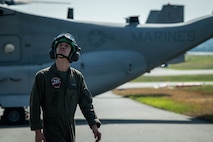 U.S. Marines Corps Sgt. Travis Cotnoir, a MV-22 Osprey crew chief, with Marine Medium Tiltrotor Squadron (VMM) 261, 2nd Marine Aircraft Wing, assigned to Special Purpose Marine Air-Ground Task Force 250, undergos pre-flight checks at Cobb County International Airport, Kennesaw, Georgia during Marine Week Atlanta, Aug. 31, 2025. Marines stationed across the globe commemorate the 250th anniversary of the Marine Corps, honoring a distinguished legacy of service, sacrifice, and unwavering fidelity to both the nation and the Corps. (U.S. Marine Corps photo by Sgt. Alexis French)