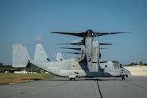 U.S. Marines Corps MV-22 Ospreys with Marine Medium Tiltrotor Squadron (VMM) 266, 2nd Marine Aircraft Wing, assigned to Special Purpose Marine Air-Ground Task Force 250, undergo pre-flight checks at Cobb County International Airport, Kennesaw, Georgia, during Marine Week Atlanta, Aug. 31, 2025. Marines stationed across the globe commemorate the 250th anniversary of the Marine Corps, honoring a distinguished legacy of service, sacrifice, and unwavering fidelity to both the nation and the Corps. (U.S. Marine Corps photo by Sgt. Alexis French)
