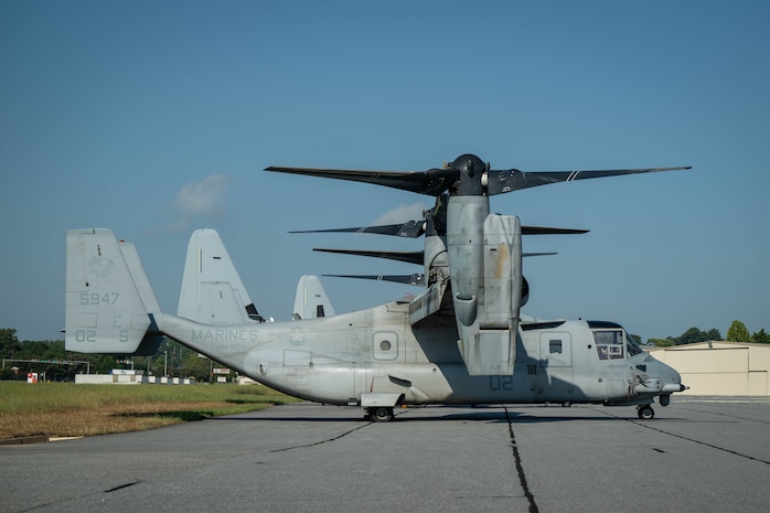 U.S. Marines Corps MV-22 Ospreys with Marine Medium Tiltrotor Squadron (VMM) 266, 2nd Marine Aircraft Wing, assigned to Special Purpose Marine Air-Ground Task Force 250, undergo pre-flight checks at Cobb County International Airport, Kennesaw, Georgia, during Marine Week Atlanta, Aug. 31, 2025. Marines stationed across the globe commemorate the 250th anniversary of the Marine Corps, honoring a distinguished legacy of service, sacrifice, and unwavering fidelity to both the nation and the Corps. (U.S. Marine Corps photo by Sgt. Alexis French)
