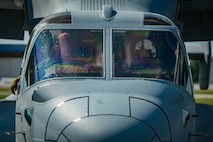 U.S. Marines Corps Capt. Jacob Fuiten, left, a MV-22B section lead, and Capt. Daniel DeJong, a MV-22 pilot, with Marine Medium Tiltrotor Squadron (VMM) 261, 2nd Marine Aircraft Wing, assigned to Special Purpose Marine Air-Ground Task Force 250, undergo pre-flight checks at Cobb County International Airport, Kennesaw, Georgia, during Marine Week Atlanta, Aug. 31, 2025. Marines stationed across the globe commemorate the 250th anniversary of the Marine Corps, honoring a distinguished legacy of service, sacrifice, and unwavering fidelity to both the nation and the Corps. (U.S. Marine Corps photo by Sgt. Alexis French)