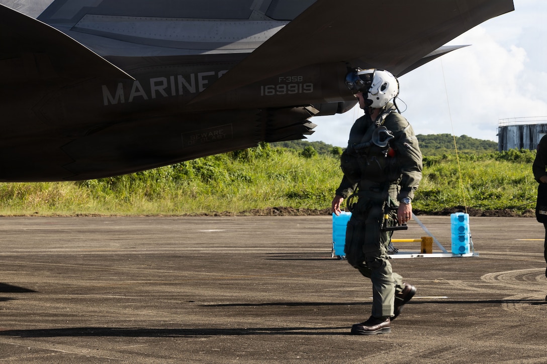 A U.S. Marine Corps pilot with Marine Fighter Attack Squadron (VMFA) 225, U.S. Marine Corps Forces South, conducts preflight inspections on a U.S. Marine Corps F-35B Lightning II assigned to VMFA-225 at Jose Aponte de la Torre Airport in Ceiba, Puerto Rico, Nov. 20, 2025. U.S. military forces are deployed to the Caribbean in support of the U.S. Southern Command mission, Department of War-directed operations, and the president’s priorities to disrupt illicit drug trafficking and protect the homeland. (U.S. Marine Corps photo)