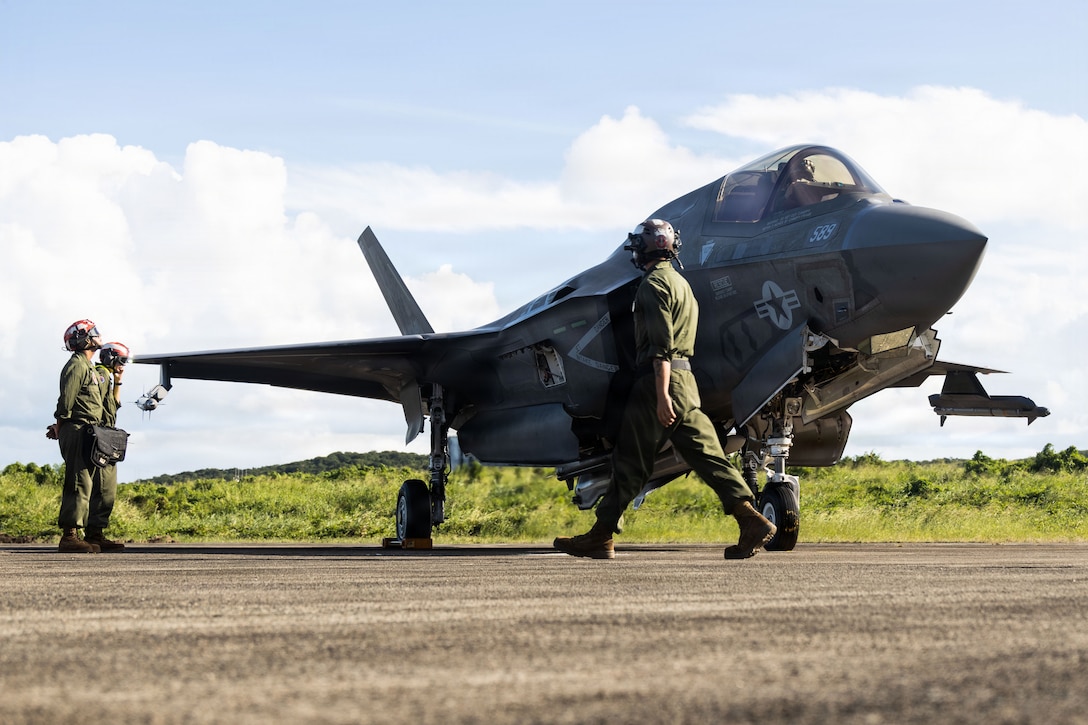 U.S. Marines with Marine Fighter Attack Squadron (VMFA) 225, U.S. Marine Corps Forces South, prepare to launch a U.S. Marine Corps F-35B Lightning II assigned to VMFA-225 at Jose Aponte de la Torre Airport in Ceiba, Puerto Rico, Nov. 20, 2025. U.S. military forces are deployed to the Caribbean in support of the U.S. Southern Command mission, Department of War-directed operations, and the president’s priorities to disrupt illicit drug trafficking and protect the homeland. (U.S. Marine Corps photo)
