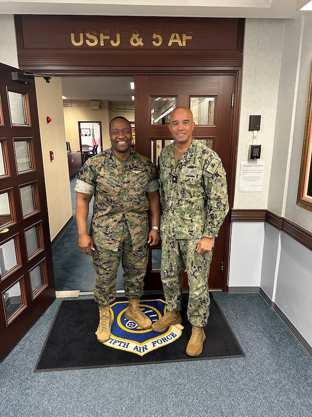 RDML Bresnihan (right) meets with U.S. Forces Japan Deputy Commander Marine Corps Brig. Gen. Kevin Gallman to discuss ways DLA Energy can enhance their logistics support efforts.